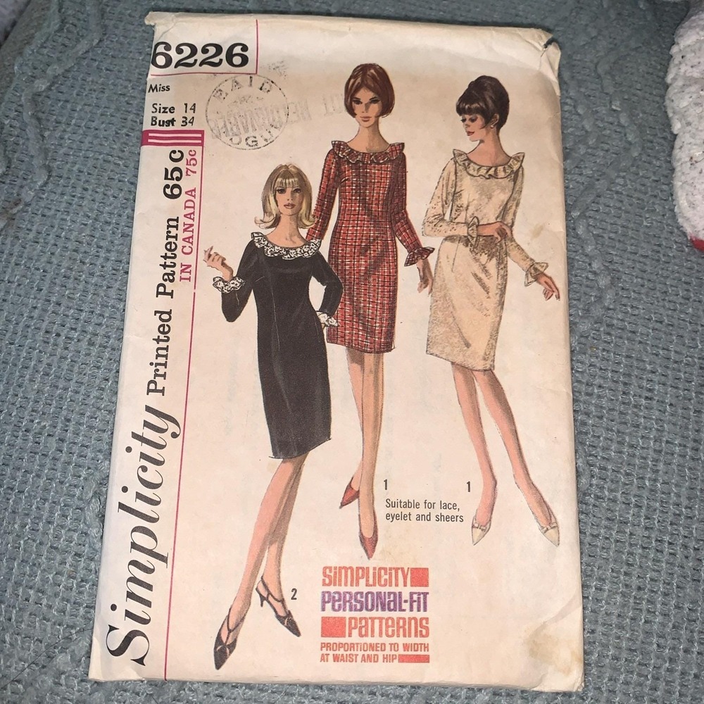 Vtg 60's Simplicity 6226 Slim Dress w/ Ruffle Neckline Sew Pat Women 14/34 Cut
